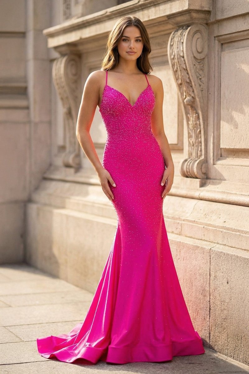 KissProm Mermaid V Neck Glitter Satin Prom Dress, Fuchsia / 12