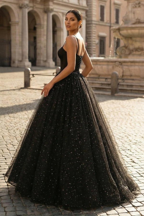 Spaghetti Straps Glitter Black Long Prom Dress