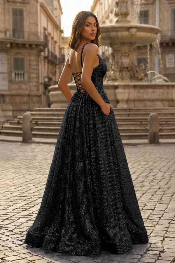 KissProm- Black A-line V Neck Sequins Long Prom Dress