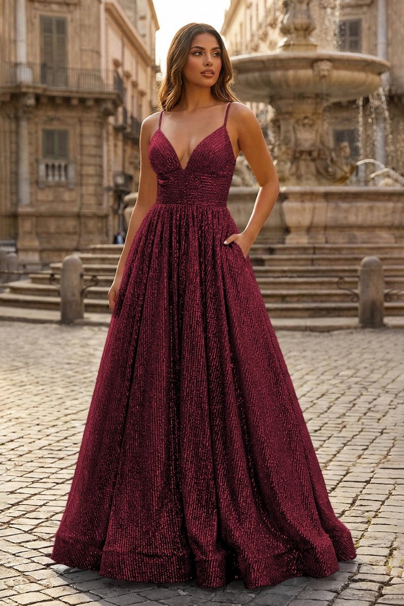 A-line V Neck Sequins Long Prom Dress, Burgundy / 14 A-line V Neck Sequins Long Prom Dress, Burgundy / 14