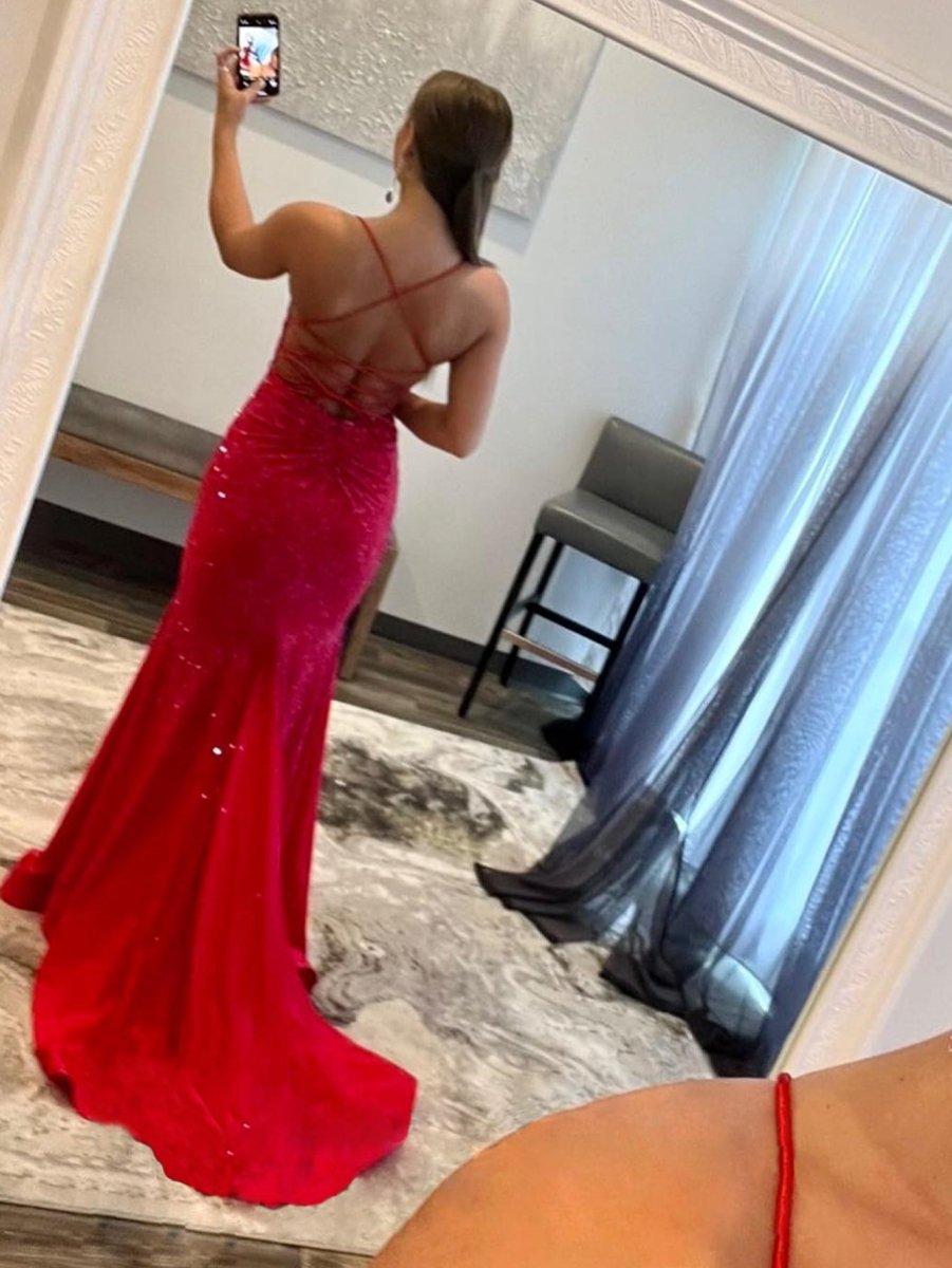 Malia Red Mermaid V Neck Glitter Satin Prom Dress Red / 16