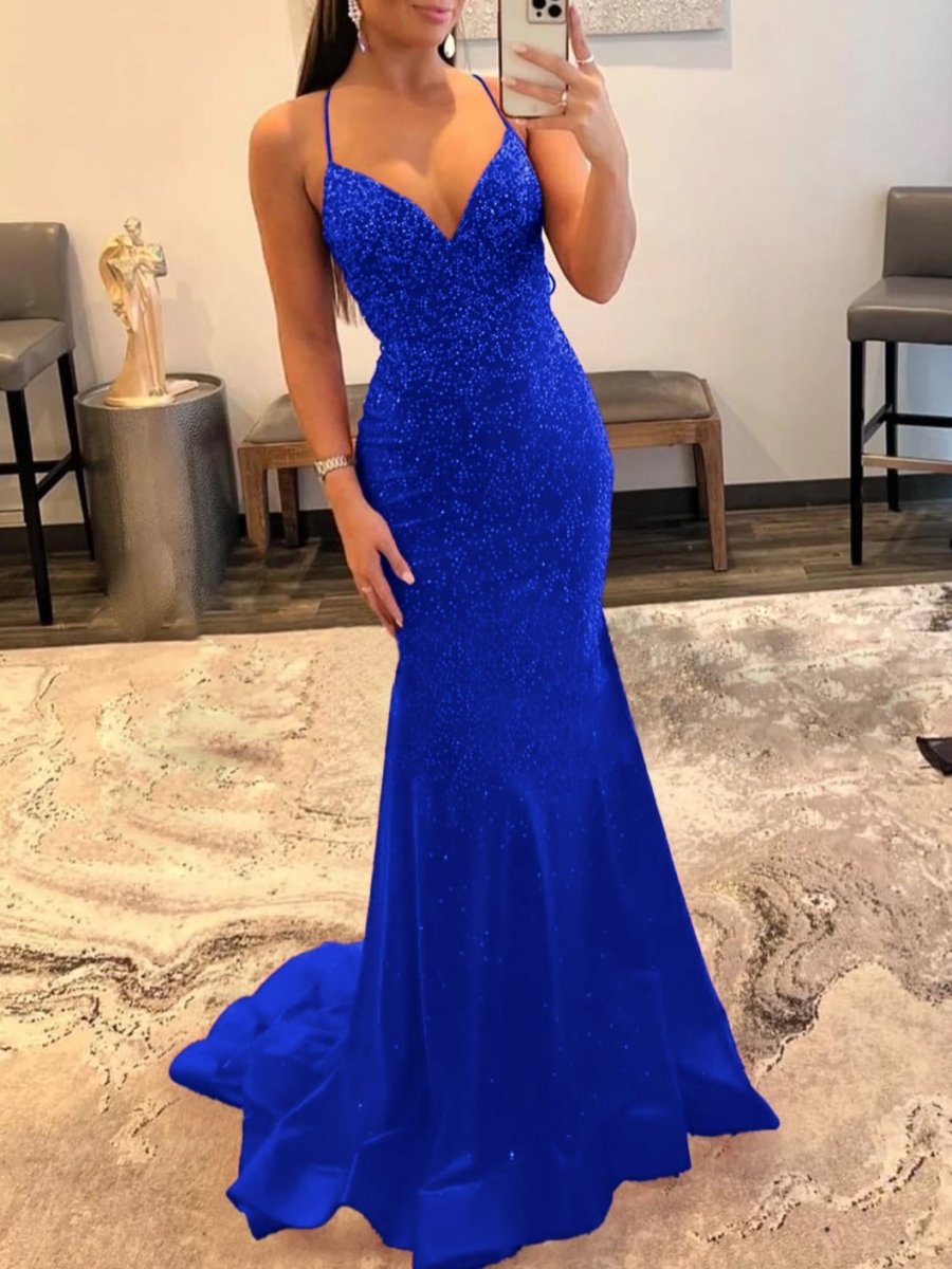 open lace back dress Malia Red Mermaid V Neck Glitter Satin Prom Dress Red / 16