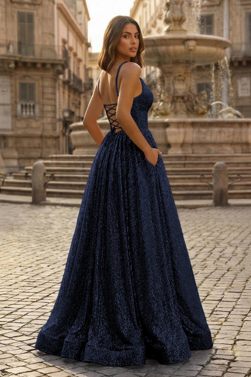 Hayden Pink A-line V Neck Sequins Long Prom Dress with Pockets