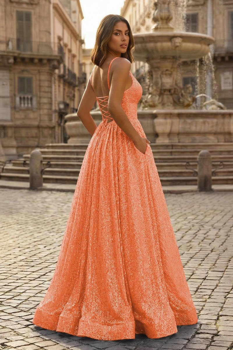 A-line V Neck Sequins Long Prom Dress, Orange / 10 A-line V Neck Sequins Long Prom Dress, Orange / 10