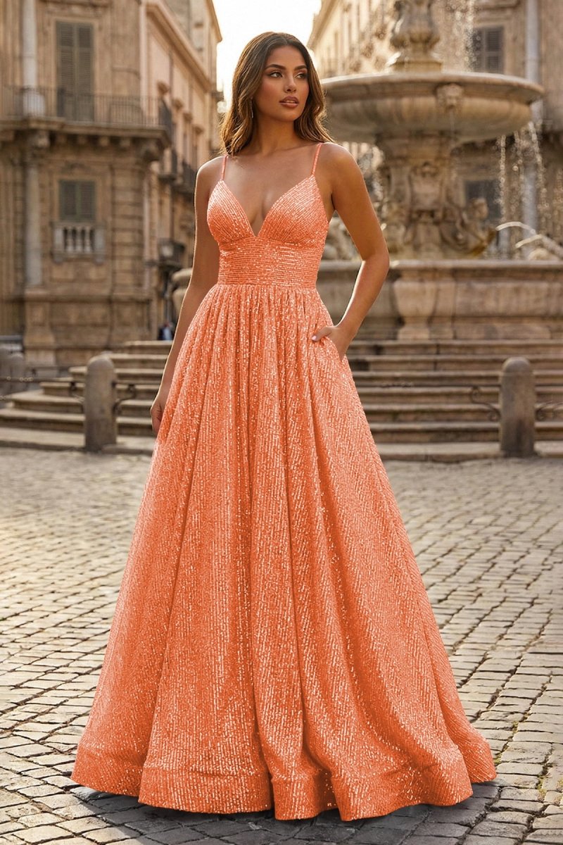 A-line V Neck Sequins Long Prom Dress, Orange / 10 A-line V Neck Sequins Long Prom Dress, Orange / 10