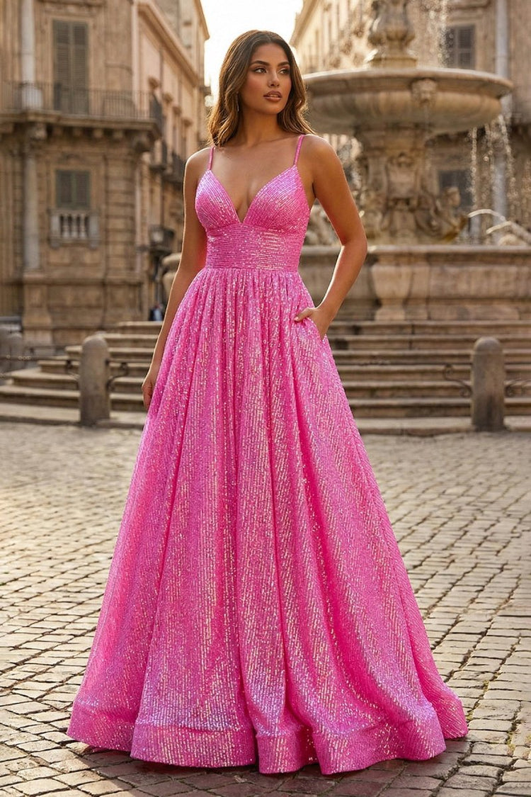 KissProm A-line V Neck Sequins Long Prom Dress, Hot Pink / 00