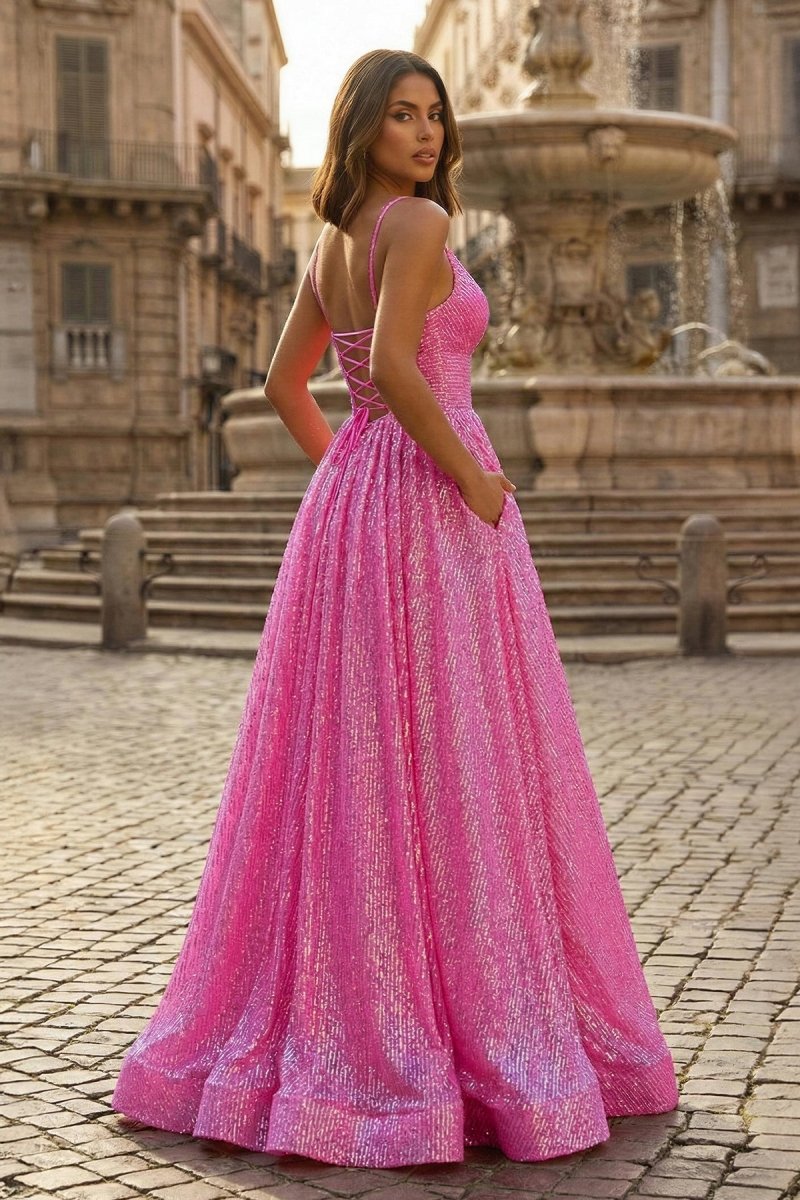 A-line V Neck Sequins Long Prom Dress, Pink / 6 A-line V Neck Sequins Long Prom Dress, Pink / 6