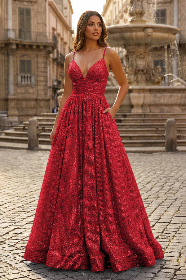 KissProm- Red A-line V Neck Sequins Long Prom Dress