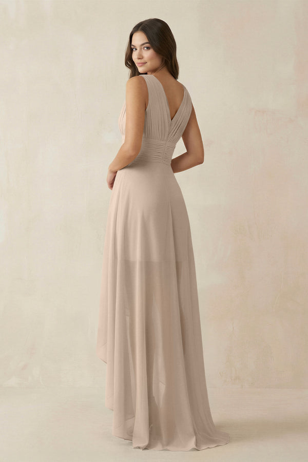 V - Neck High - Low Chiffon Bridesmaid Dress in Almond - KissProm Bridesmaid Dresses