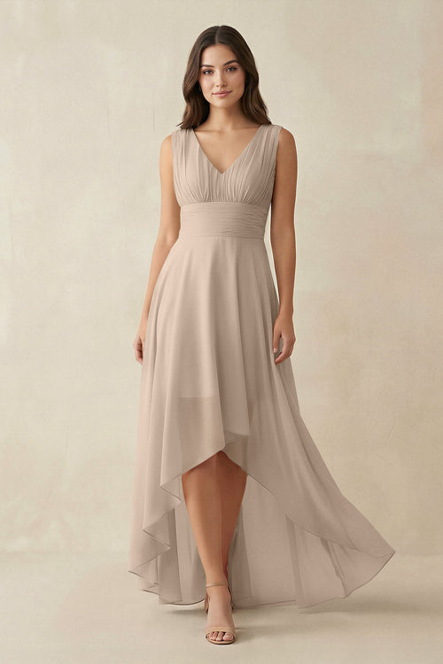 V - Neck High - Low Chiffon Bridesmaid Dress in Almond - KissProm Bridesmaid Dresses