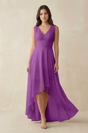 V - Neck High - Low Chiffon Bridesmaid Dress in Amethyst - KissProm Bridesmaid Dresses