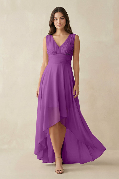 V - Neck High - Low Chiffon Bridesmaid Dress in Amethyst - KissProm Bridesmaid Dresses