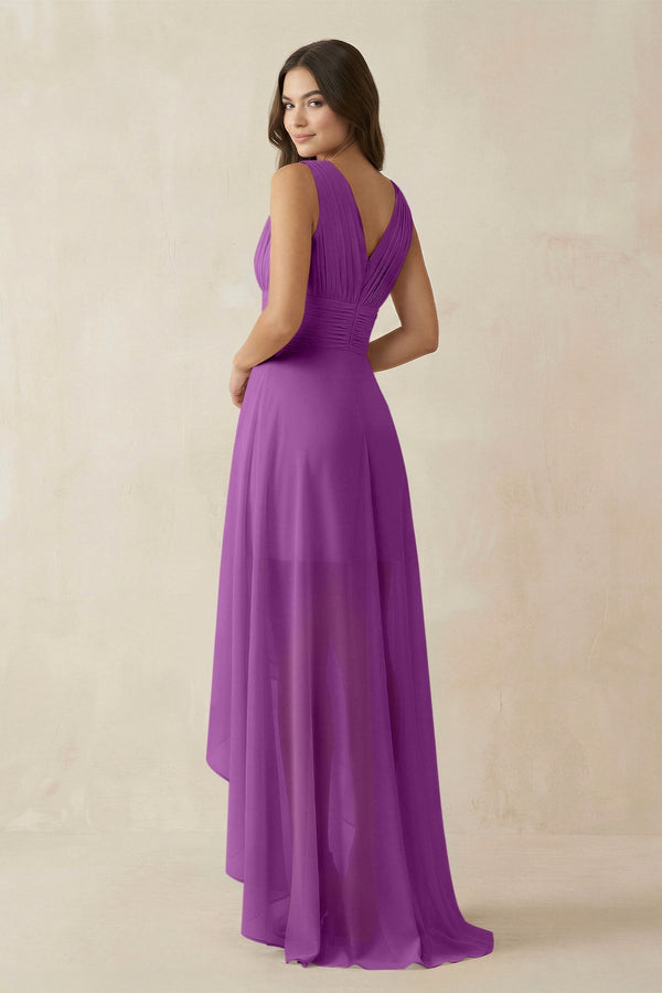 V - Neck High - Low Chiffon Bridesmaid Dress in Amethyst - KissProm Bridesmaid Dresses