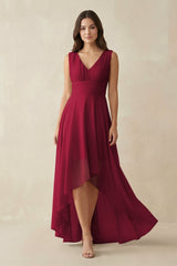 V - Neck High - Low Chiffon Bridesmaid Dress in Berry - KissProm Bridesmaid Dresses