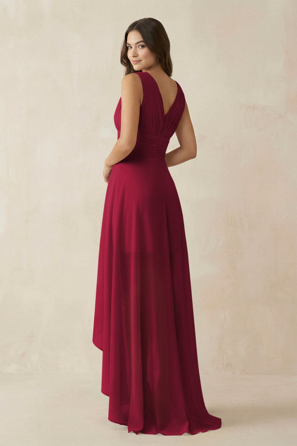 V - Neck High - Low Chiffon Bridesmaid Dress in Berry - KissProm Bridesmaid Dresses