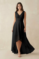 V - Neck High - Low Chiffon Bridesmaid Dress in Black - KissProm Bridesmaid Dresses
