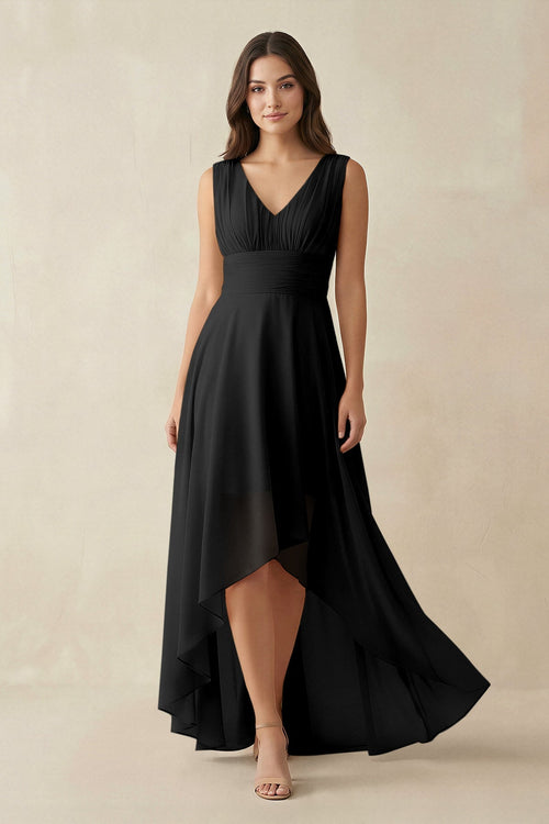 V - Neck High - Low Chiffon Bridesmaid Dress in Black - KissProm Bridesmaid Dresses