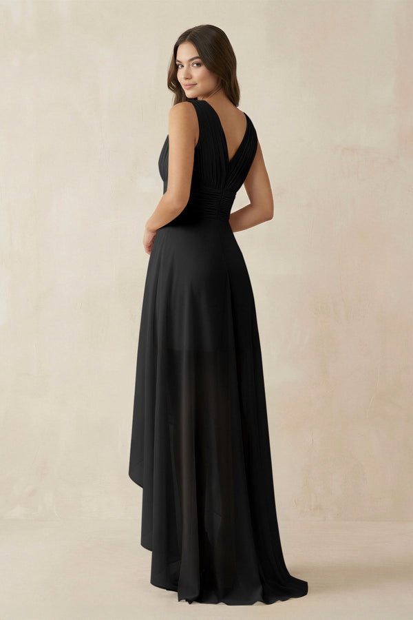 V - Neck High - Low Chiffon Bridesmaid Dress in Black - KissProm Bridesmaid Dresses