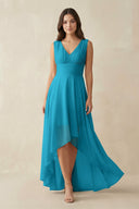 V - Neck High - Low Chiffon Bridesmaid Dress in Blue Jay - KissProm Bridesmaid Dresses