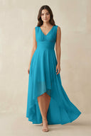 V - Neck High - Low Chiffon Bridesmaid Dress in Blue Jay - KissProm Bridesmaid Dresses