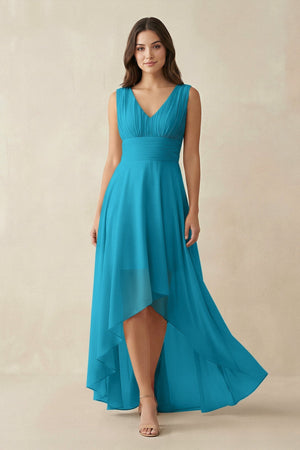 V - Neck High - Low Chiffon Bridesmaid Dress in Blue Jay - KissProm Bridesmaid Dresses