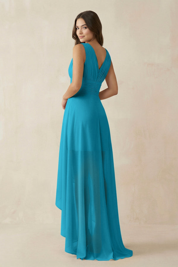 V - Neck High - Low Chiffon Bridesmaid Dress in Blue Jay - KissProm Bridesmaid Dresses