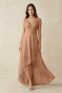 V - Neck High - Low Chiffon Bridesmaid Dress in Bronzer - KissProm Bridesmaid Dresses