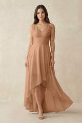 V - Neck High - Low Chiffon Bridesmaid Dress in Bronzer - KissProm Bridesmaid Dresses