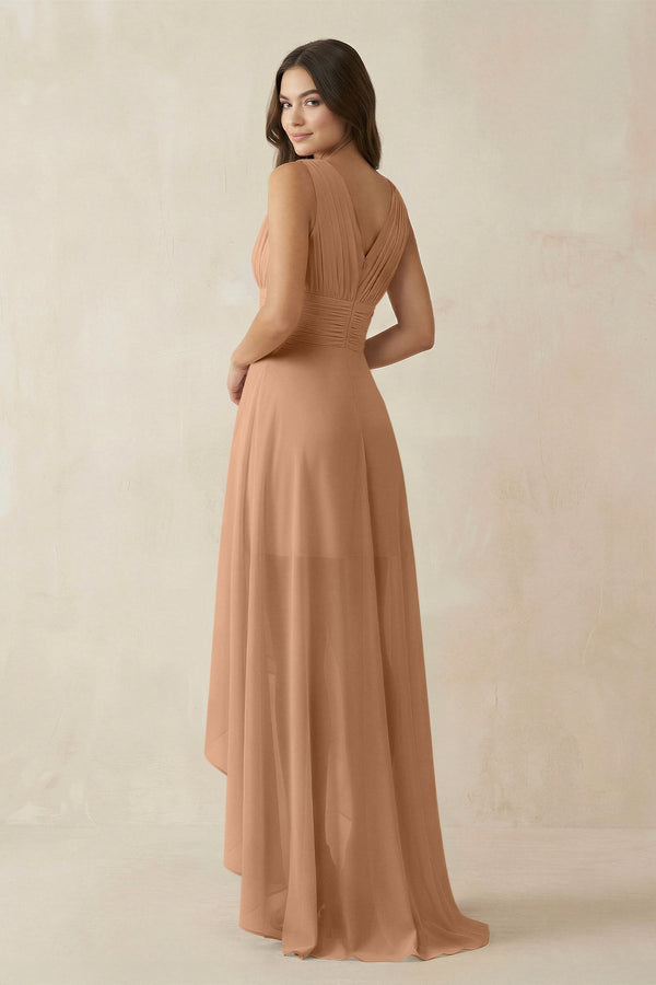 V - Neck High - Low Chiffon Bridesmaid Dress in Bronzer - KissProm Bridesmaid Dresses