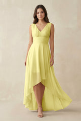 V - Neck High - Low Chiffon Bridesmaid Dress in Buttercup - KissProm Bridesmaid Dresses