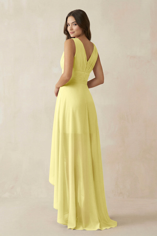 V - Neck High - Low Chiffon Bridesmaid Dress in Buttercup - KissProm Bridesmaid Dresses