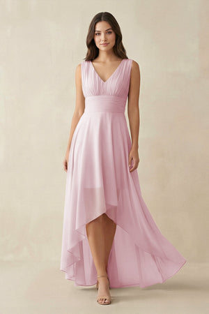 V - Neck High - Low Chiffon Bridesmaid Dress in Candy Pink - KissProm Bridesmaid Dresses