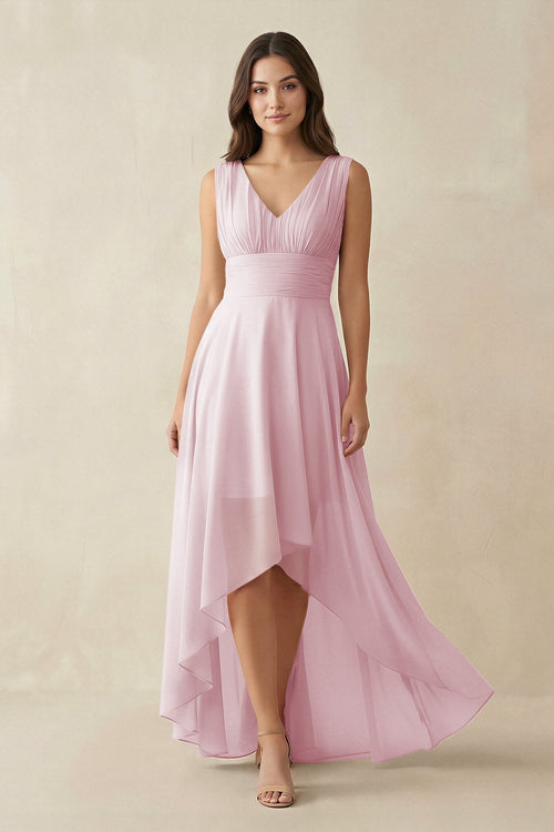V - Neck High - Low Chiffon Bridesmaid Dress in Candy Pink - KissProm Bridesmaid Dresses