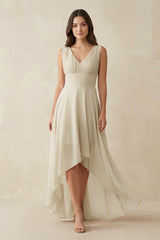 V - Neck High - Low Chiffon Bridesmaid Dress in Champagne - KissProm Bridesmaid Dresses