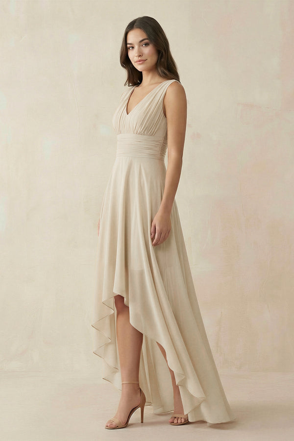V-Neck High-Low Chiffon Bridesmaid Dress in Champagne, Champagne / Custom Size( Free ) V-Neck High-Low Chiffon Bridesmaid Dress in Champagne, Champagne / Custom Size( Free )