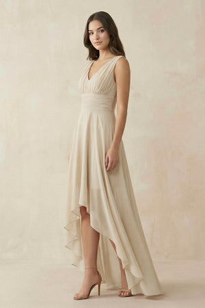 V - Neck High - Low Chiffon Bridesmaid Dress in Champagne - KissProm Bridesmaid Dresses