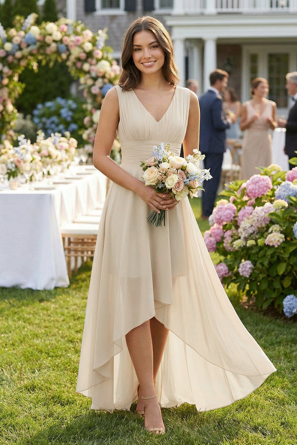 V-Neck High-Low Chiffon Bridesmaid Dress in Champagne, Champagne / Custom Size( Free ) V-Neck High-Low Chiffon Bridesmaid Dress in Champagne, Champagne / Custom Size( Free )