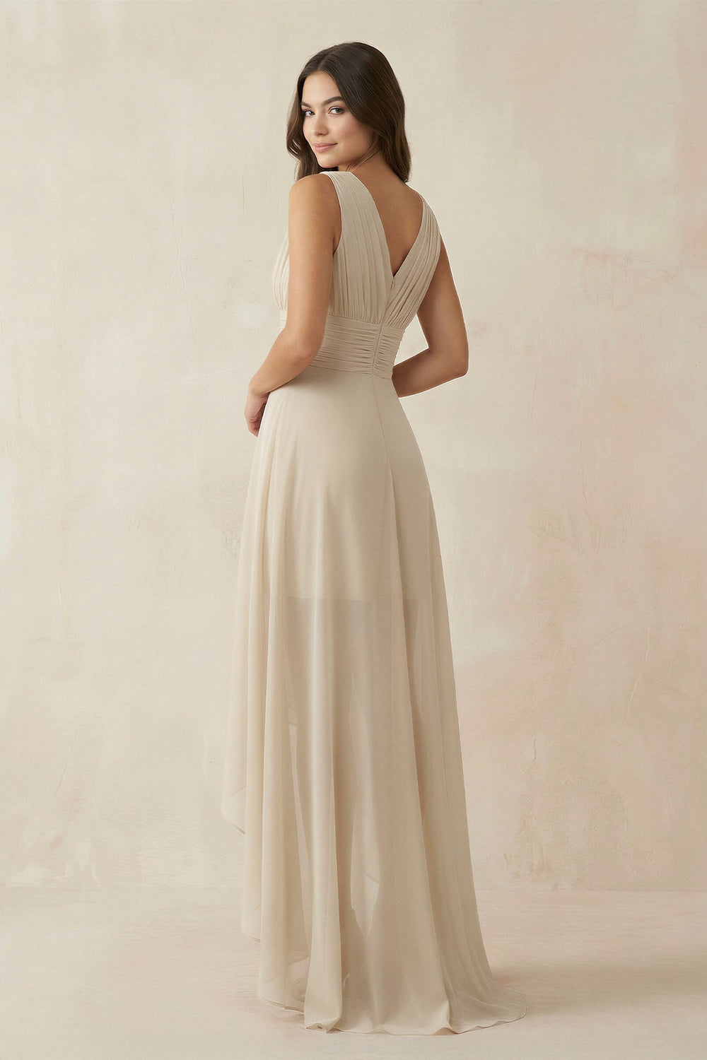 V - Neck High - Low Chiffon Bridesmaid Dress in Champagne - KissProm Bridesmaid Dresses