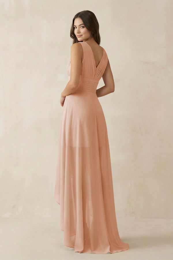 V - Neck High - Low Chiffon Bridesmaid Dress in Champagne Rose - KissProm Bridesmaid Dresses