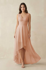 V - Neck High - Low Chiffon Bridesmaid Dress in Champagne Rose - KissProm Bridesmaid Dresses