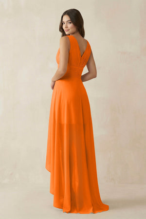 V - Neck High - Low Chiffon Bridesmaid Dress in Cinnamon - KissProm Bridesmaid Dresses