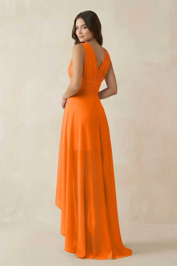 V - Neck High - Low Chiffon Bridesmaid Dress in Cinnamon - KissProm Bridesmaid Dresses
