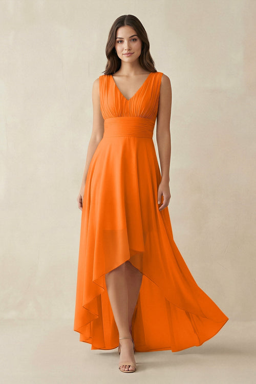 V - Neck High - Low Chiffon Bridesmaid Dress in Cinnamon - KissProm Bridesmaid Dresses