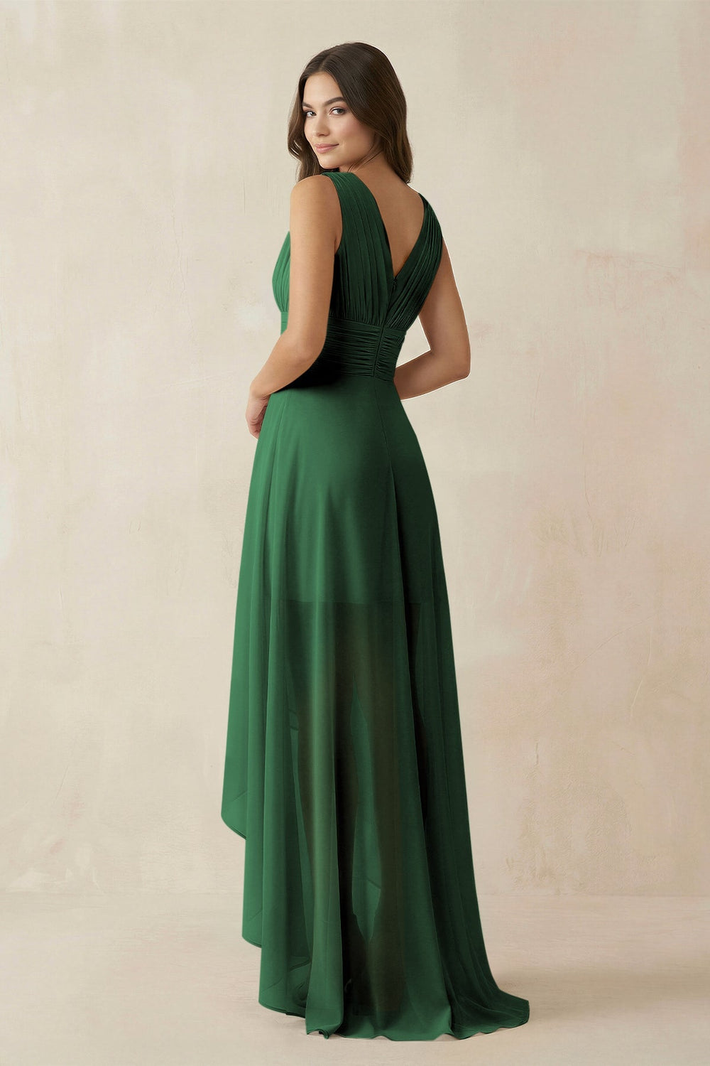 V - Neck High - Low Chiffon Bridesmaid Dress in Dark Green - KissProm Bridesmaid Dresses