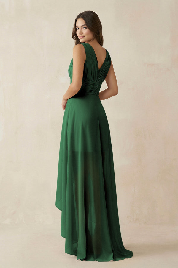 V - Neck High - Low Chiffon Bridesmaid Dress in Dark Green - KissProm Bridesmaid Dresses