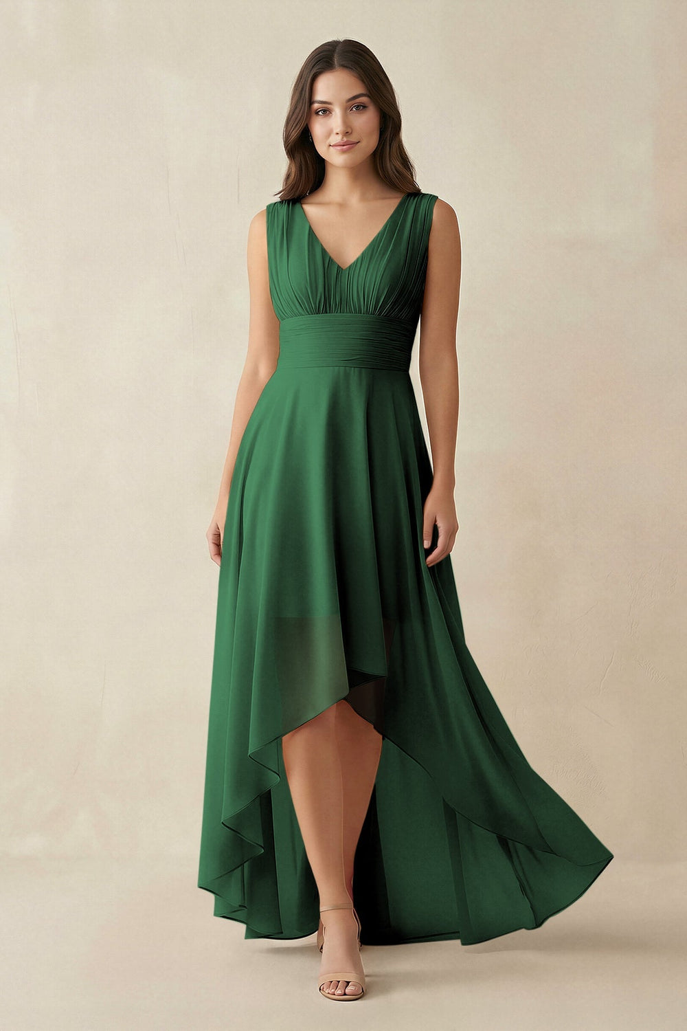 V - Neck High - Low Chiffon Bridesmaid Dress in Dark Green - KissProm Bridesmaid Dresses