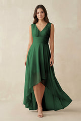 V - Neck High - Low Chiffon Bridesmaid Dress in Dark Green - KissProm Bridesmaid Dresses