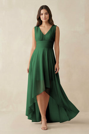 V - Neck High - Low Chiffon Bridesmaid Dress in Dark Green - KissProm Bridesmaid Dresses
