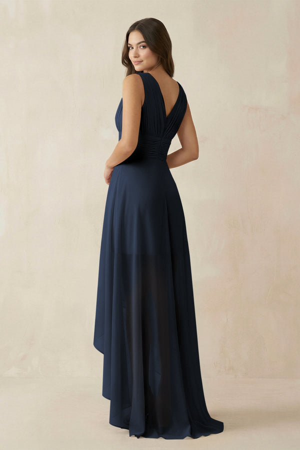 V - Neck High - Low Chiffon Bridesmaid Dress in Dark Navy - KissProm Bridesmaid Dresses
