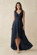 V - Neck High - Low Chiffon Bridesmaid Dress in Dark Navy - KissProm Bridesmaid Dresses